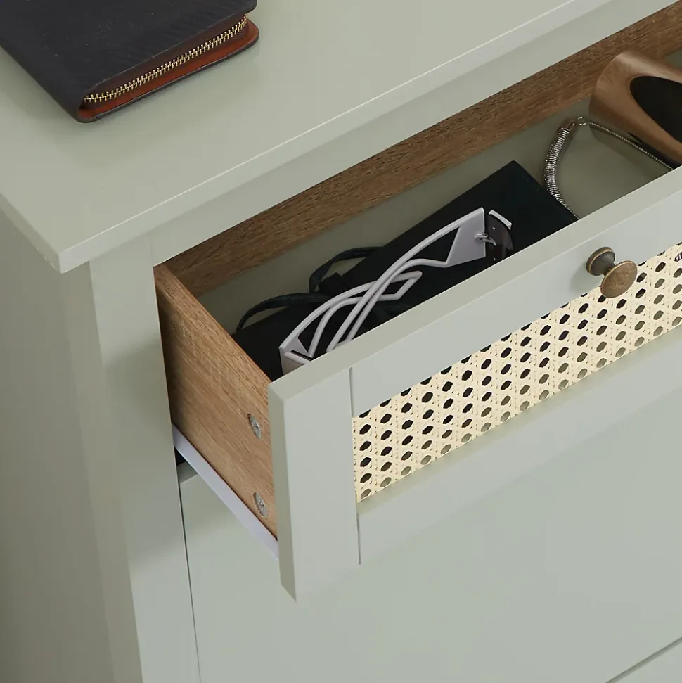 Meuble à chaussures style bohème chic - 2 portes abattantes 2 étagères réglables tiroir - MDF vert d'eau aspect rotin