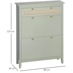 Meuble à chaussures style bohème chic - 2 portes abattantes 2 étagères réglables tiroir - MDF vert d'eau aspect rotin