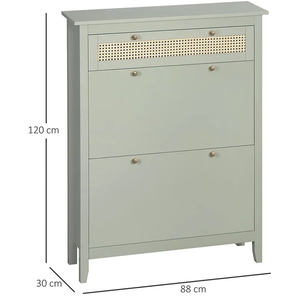 Meuble à chaussures style bohème chic - 2 portes abattantes 2 étagères réglables tiroir - MDF vert d'eau aspect rotin