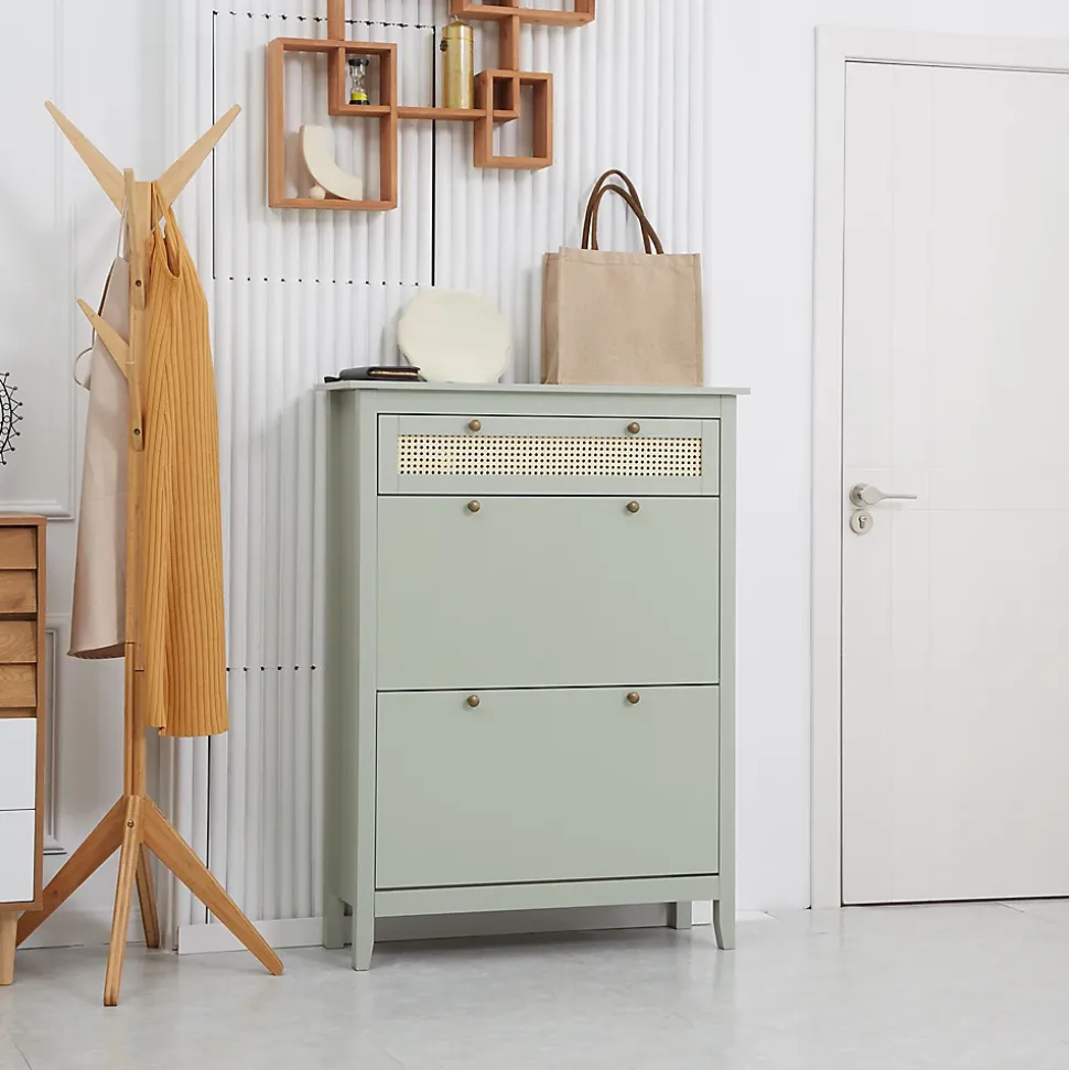 Meuble à chaussures style bohème chic - 2 portes abattantes 2 étagères réglables tiroir - MDF vert d'eau aspect rotin