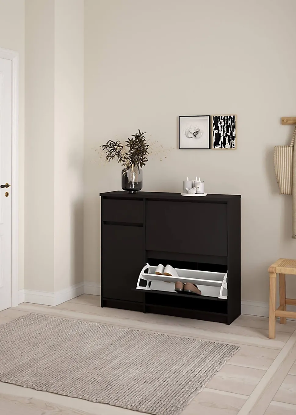 Meuble à chaussures Todd, Meuble à chaussures, Armoire d'entrée polyvalente, Rangement pour chaussures, 109x32 h93 cm, Noir