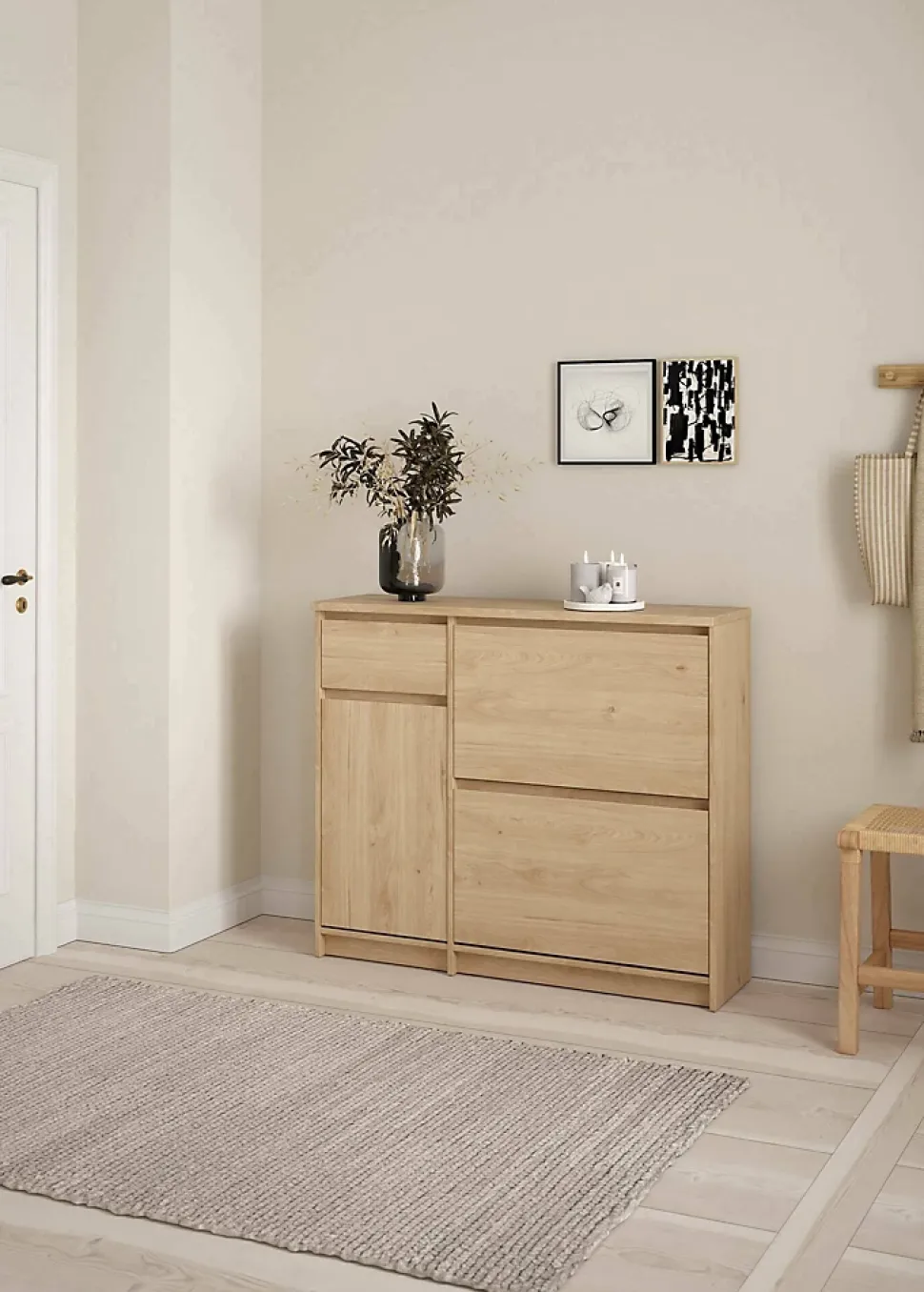 Meuble à chaussures Todd, Meuble à chaussures, Armoire d'entrée polyvalente, Rangement pour chaussures, 109x32 h93 cm, Chêne clair
