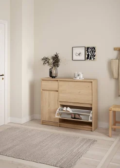 Meuble à chaussures Todd, Meuble à chaussures, Armoire d'entrée polyvalente, Rangement pour chaussures, 109x32 h93 cm, Chêne clair