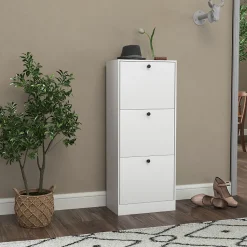 Meuble à chaussures 47x28x115 cm avec 3 portes basculantes et étagères réglables, design moderne blanc