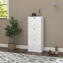 Meuble à chaussures 47x28x115 cm avec 3 portes basculantes et étagères réglables, design moderne blanc