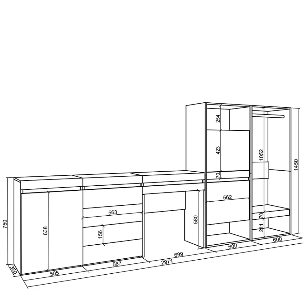 Meuble à chaussures 297x35x145cm vestiaire buffet coiffeuse chêne