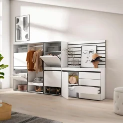 Meuble à chaussures 287x35x145cm vestiaire commode buffet blanc