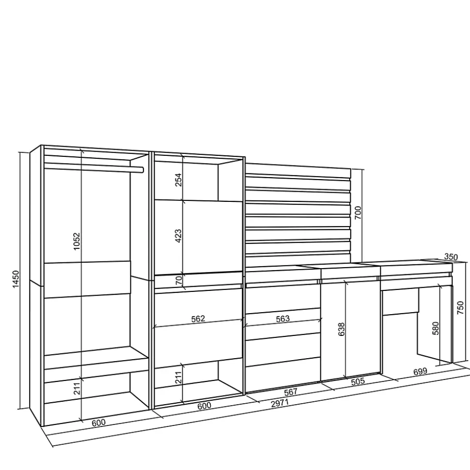Meuble à chaussures 297x35x145cm vestiaire buffet coiffeuse ciment