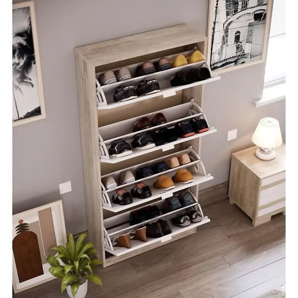 Meuble a chaussures - 4 Portes - Chene et blanc - 75x24x154 cm - Leona