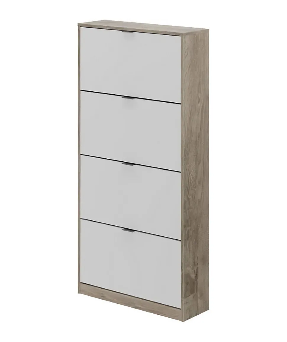 Meuble a chaussures - 4 Portes - Chene et blanc - 75x24x154 cm - Leona