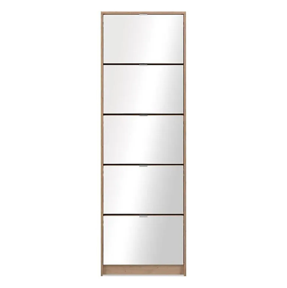 Meuble a chaussures - KOBLENZ - Chene artisan - 58 x 177 x 17 cm - 5 abattants - Facade miroir