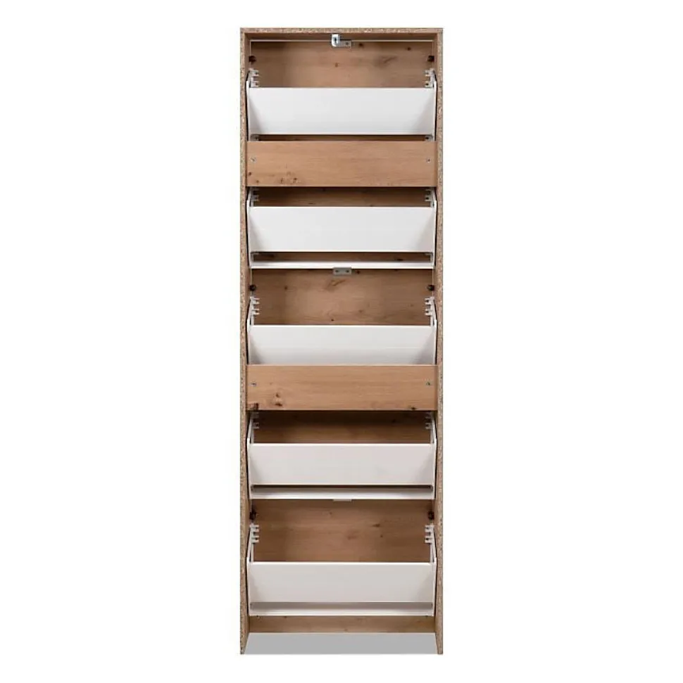 Meuble a chaussures - KOBLENZ - Chene artisan - 58 x 177 x 17 cm - 5 abattants - Facade miroir