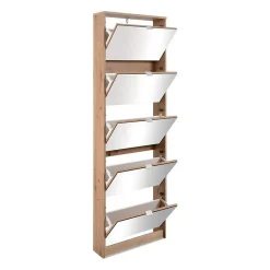 Meuble a chaussures - KOBLENZ - Chene artisan - 58 x 177 x 17 cm - 5 abattants - Facade miroir