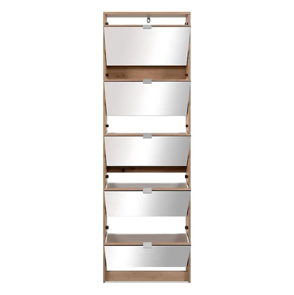 Meuble a chaussures - KOBLENZ - Chene artisan - 58 x 177 x 17 cm - 5 abattants - Facade miroir