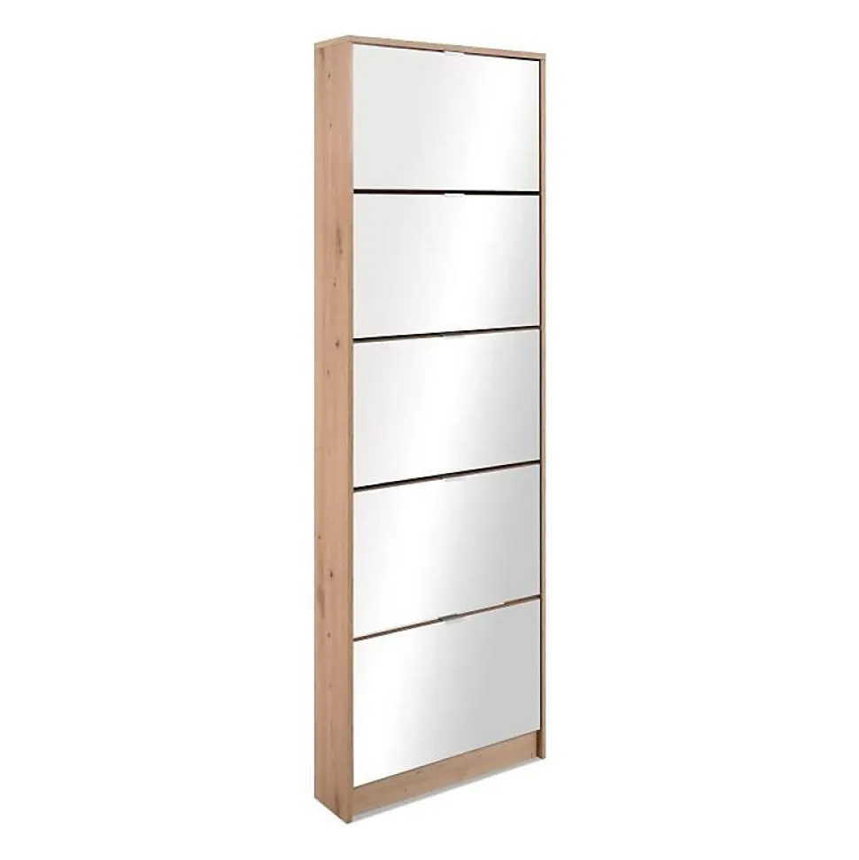 Meuble a chaussures - KOBLENZ - Chene artisan - 58 x 177 x 17 cm - 5 abattants - Facade miroir
