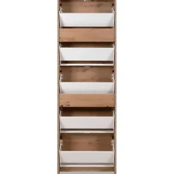 Meuble a chaussures - KOBLENZ - Chene artisan - 58 x 177 x 17 cm - 5 abattants - Facade miroir