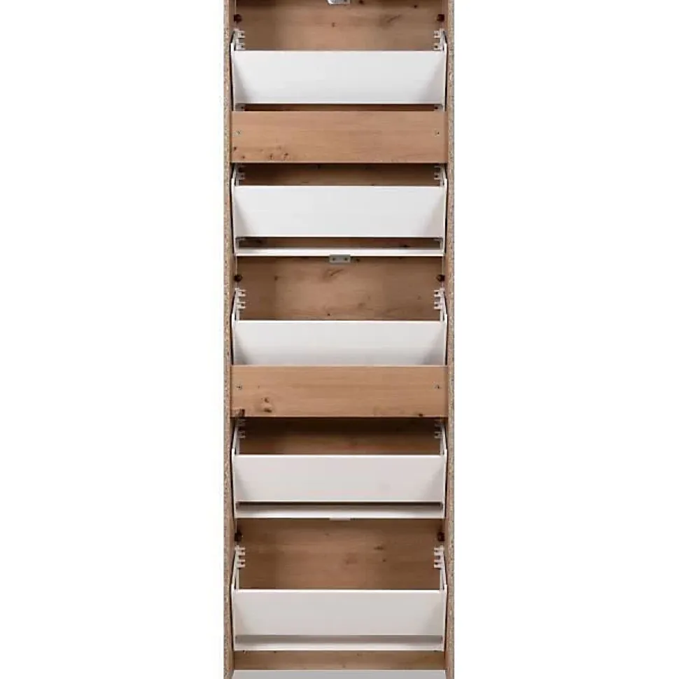 Meuble a chaussures - KOBLENZ - Chene artisan - 58 x 177 x 17 cm - 5 abattants - Facade miroir