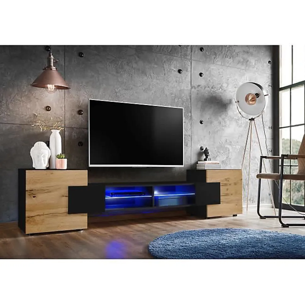 Meuble Banc TV Merano Version 2 Komodee - LED Bleues - Bois naturel Mat et Noir - 230 x 53 x 35 cm