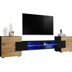 Meuble Banc TV Merano Version 2 Komodee - LED Bleues - Bois naturel Mat et Noir - 230 x 53 x 35 cm