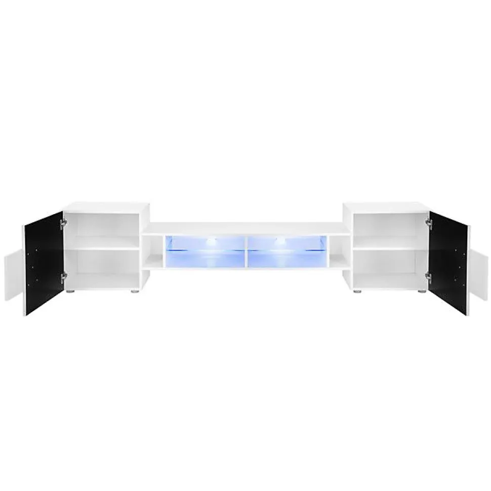 Meuble Banc TV Merano Version 2 Komodee - LED Bleues - Bois naturel Mat et Noir - 230 x 53 x 35 cm