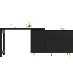 Meuble Bar - Meuble Bar Pivotant avec Étagères Ouvertes et Portes en Rotin - MDF - Noir - 120-187x40x76 cm