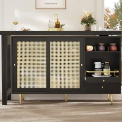 Meuble Bar - Meuble Bar Pivotant avec Étagères Ouvertes et Portes en Rotin - MDF - Noir - 120-187x40x76 cm