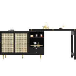 Meuble Bar - Meuble Bar Pivotant avec Étagères Ouvertes et Portes en Rotin - MDF - Noir - 120-187x40x76 cm