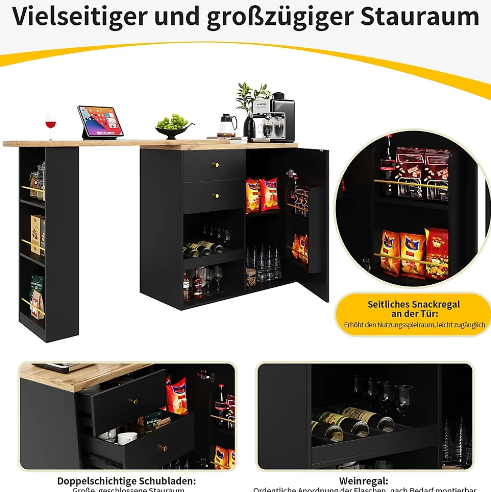 Meuble Bar - Meuble Bar Pivotant avec 2 Tiroirs, Portes Coulissantes et 3 Étagères Ouvertes - MDF - Noir - 105-138x39x102 cm
