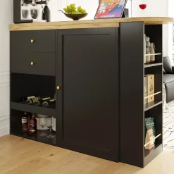 Meuble Bar - Meuble Bar Pivotant avec 2 Tiroirs, Portes Coulissantes et 3 Étagères Ouvertes - MDF - Noir - 105-138x39x102 cm