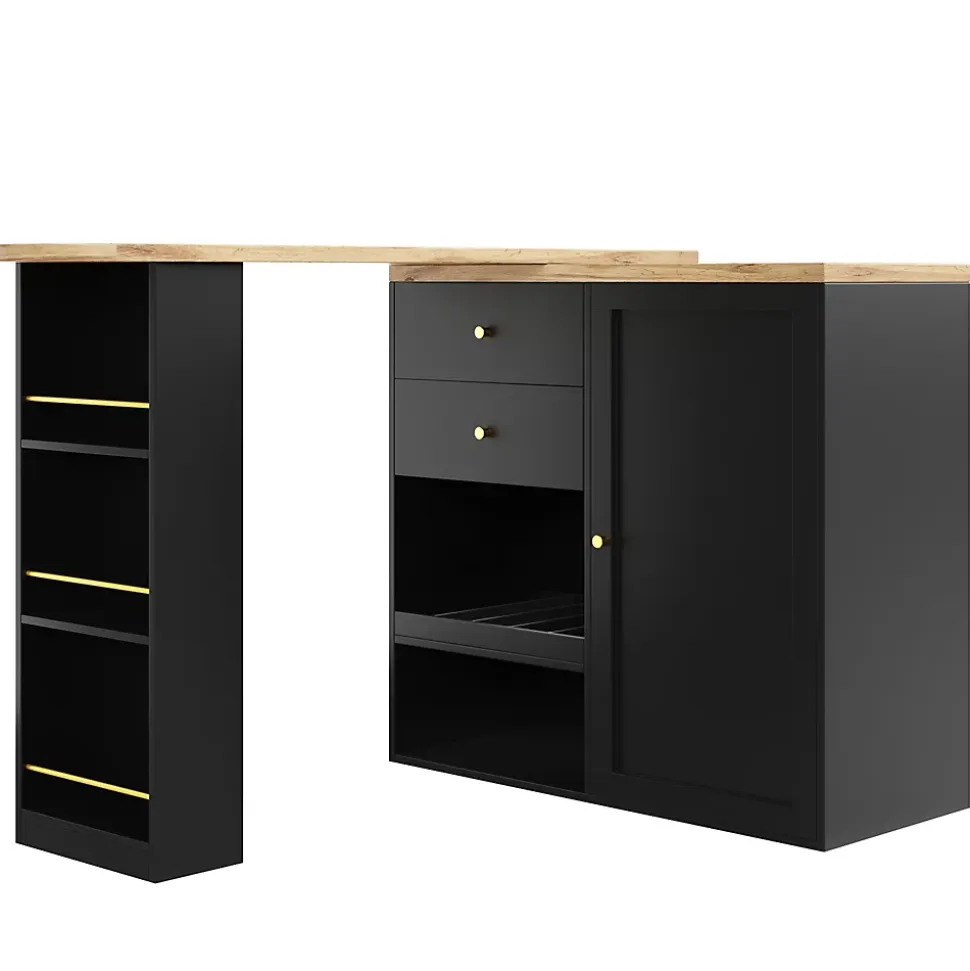 Meuble Bar - Meuble Bar Pivotant avec 2 Tiroirs, Portes Coulissantes et 3 Étagères Ouvertes - MDF - Noir - 105-138x39x102 cm