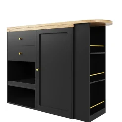 Meuble Bar - Meuble Bar Pivotant avec 2 Tiroirs, Portes Coulissantes et 3 Étagères Ouvertes - MDF - Noir - 105-138x39x102 cm