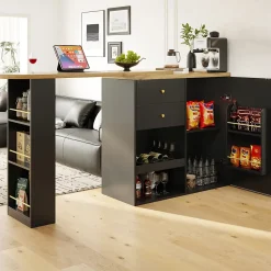 Meuble Bar - Meuble Bar Pivotant avec 2 Tiroirs, Portes Coulissantes et 3 Étagères Ouvertes - MDF - Noir - 105-138x39x102 cm