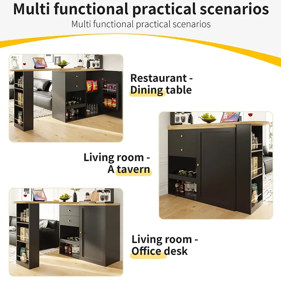 Meuble Bar - Meuble Bar Pivotant avec 2 Tiroirs, Portes Coulissantes et 3 Étagères Ouvertes - MDF - Noir - 105-138x39x102 cm
