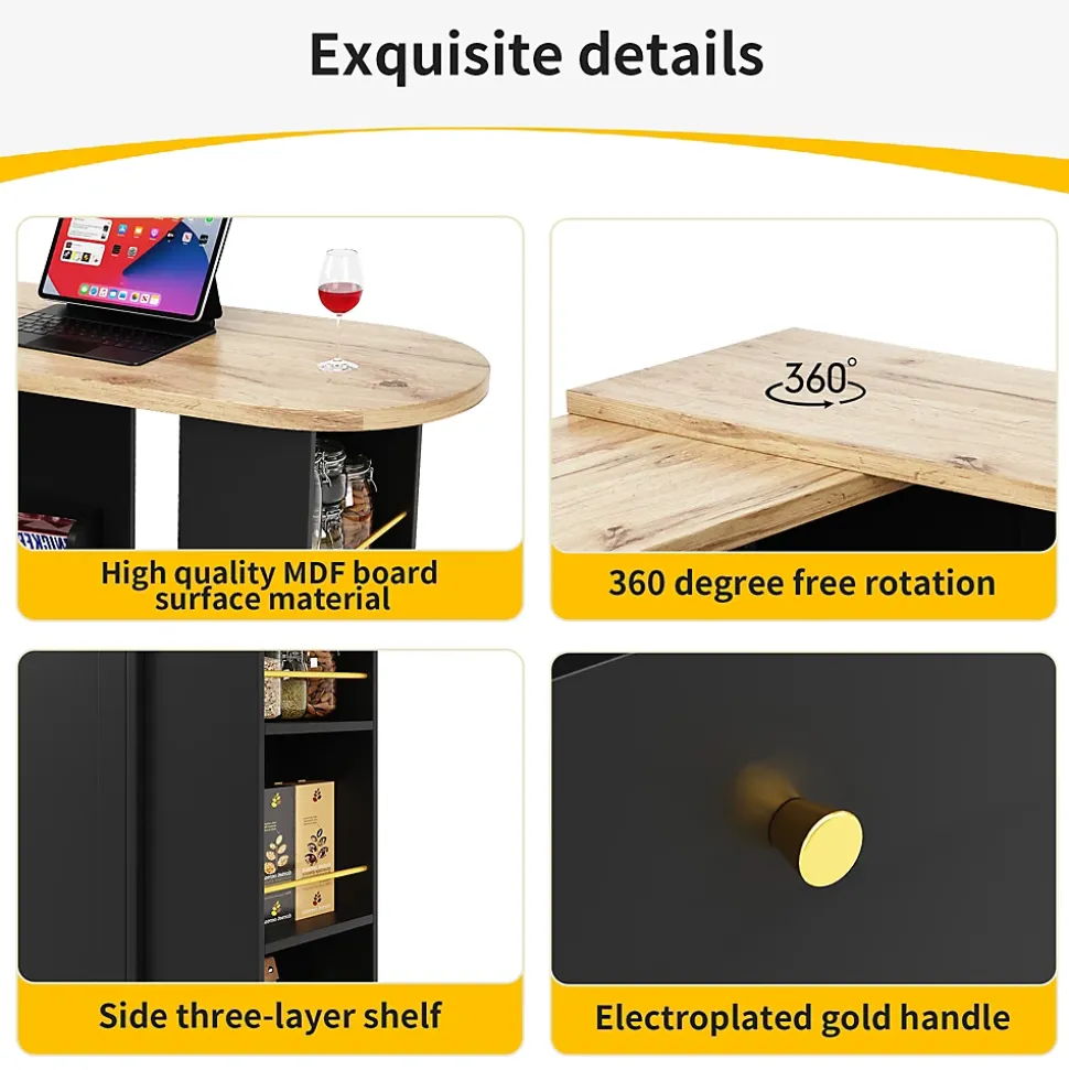 Meuble Bar - Meuble Bar Pivotant avec 2 Tiroirs, Portes Coulissantes et 3 Étagères Ouvertes - MDF - Noir - 105-138x39x102 cm