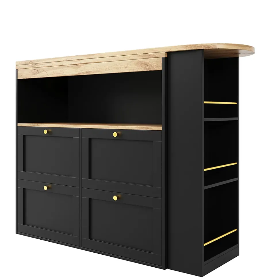 Meuble Bar - Meuble Bar Pivotant avec 4 Tiroirs et Étagères Ouvertes - MDF - Noir - 105-138x39x102 cm