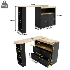 Meuble Bar - Meuble Bar Pivotant avec 4 Tiroirs et Étagères Ouvertes - MDF - Noir - 105-138x39x102 cm