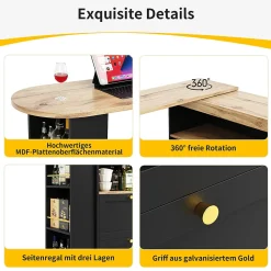 Meuble Bar - Meuble Bar Pivotant avec 4 Tiroirs et Étagères Ouvertes - MDF - Noir - 105-138x39x102 cm
