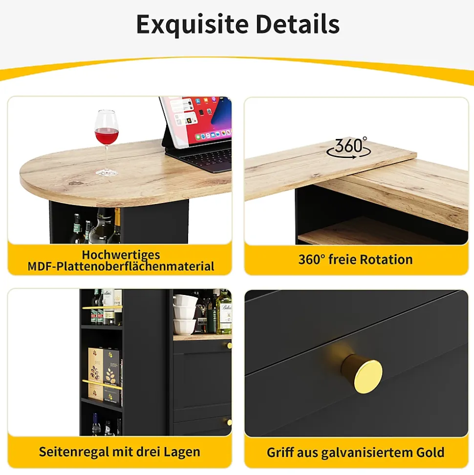 Meuble Bar - Meuble Bar Pivotant avec 4 Tiroirs et Étagères Ouvertes - MDF - Noir - 105-138x39x102 cm