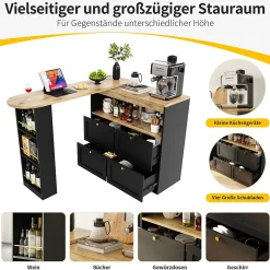 Meuble Bar - Meuble Bar Pivotant avec 4 Tiroirs et Étagères Ouvertes - MDF - Noir - 105-138x39x102 cm