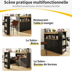 Meuble Bar - Meuble Bar Pivotant avec 4 Tiroirs et Étagères Ouvertes - MDF - Noir - 105-138x39x102 cm