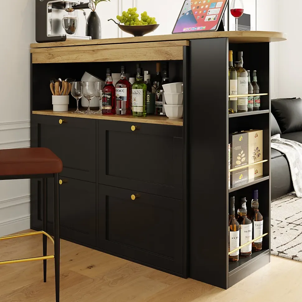 Meuble Bar - Meuble Bar Pivotant avec 4 Tiroirs et Étagères Ouvertes - MDF - Noir - 105-138x39x102 cm