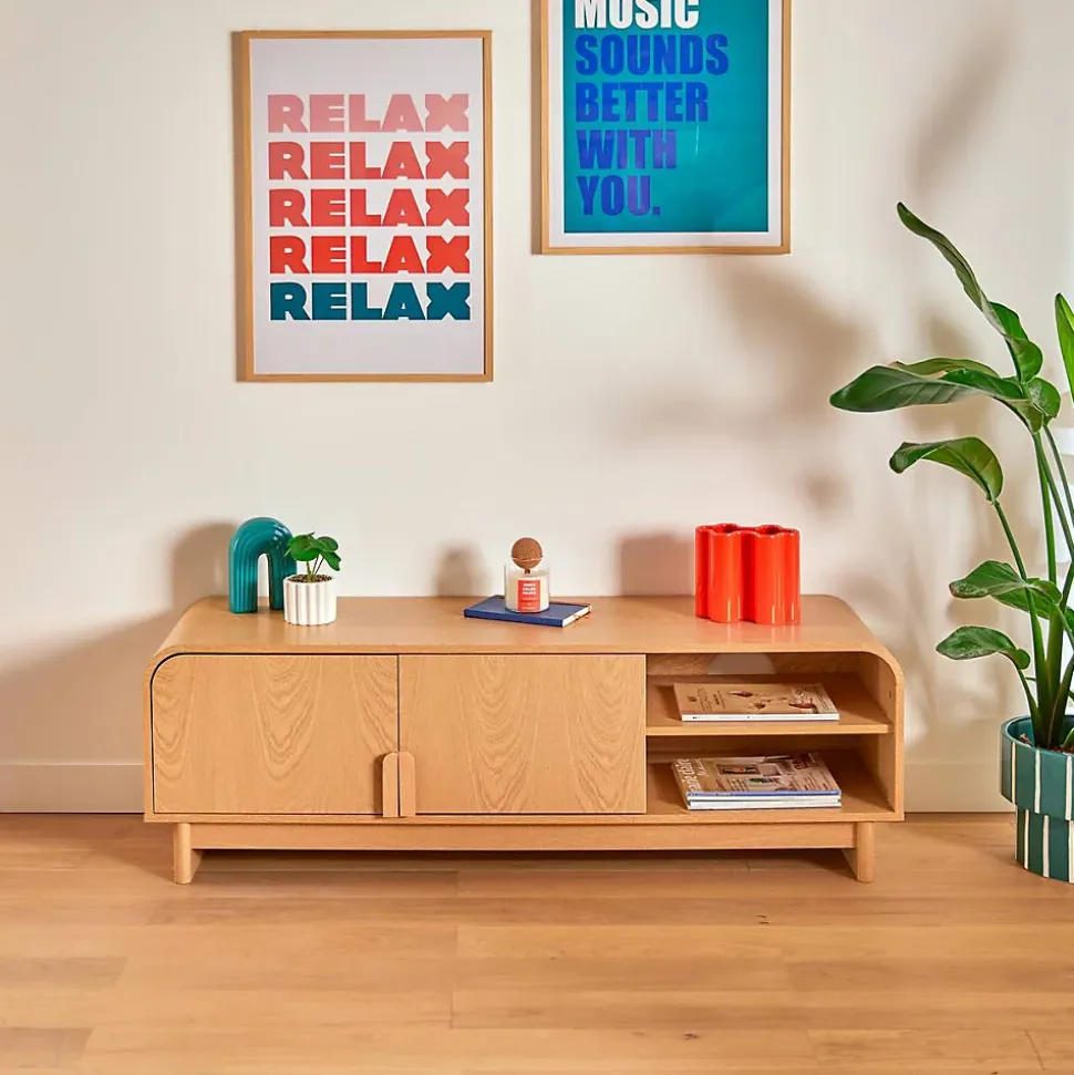 Meuble bas 2 portes 1 étagères Lee beige 140x40cm - Atmosphera