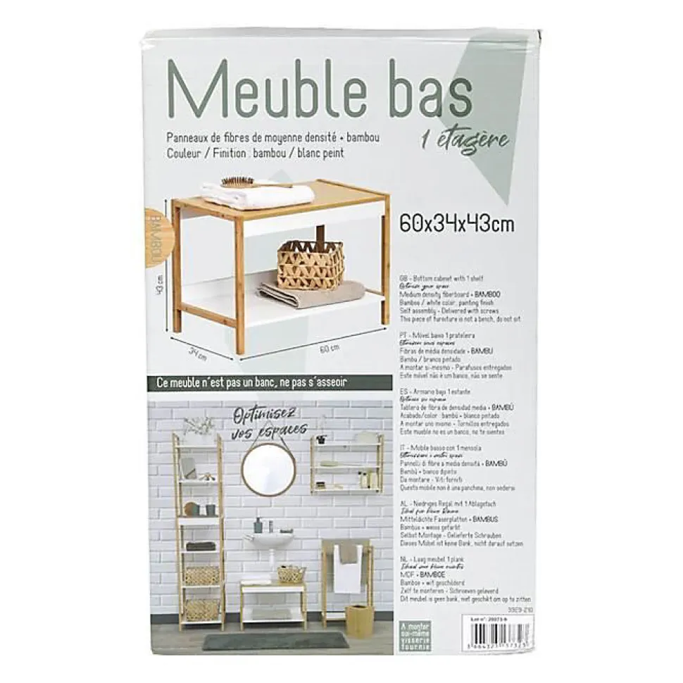 Meuble bas de salle de bain en bambou et bois MDF - TENDANCE - 1 étagère - Blanc - 60 x 34 x 43 cm