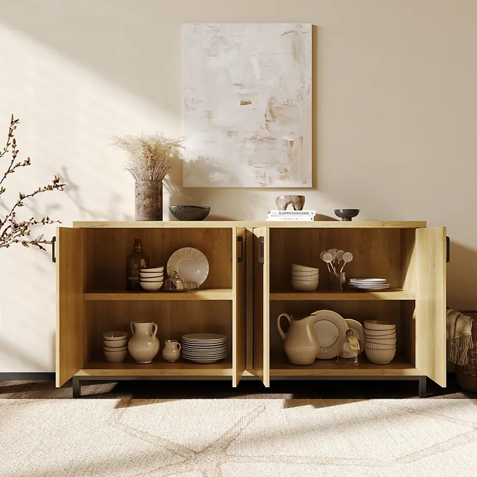 Meuble buffet 4 portes style vintage en bois naturel avec poignées métal noir, 160 x 35 x 80 cm, Couleur bois naturel