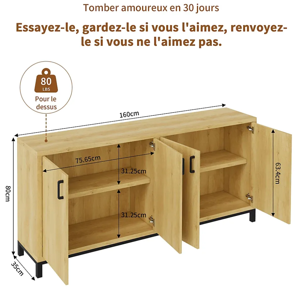 Meuble buffet 4 portes style vintage en bois naturel avec poignées métal noir, 160 x 35 x 80 cm, Couleur bois naturel