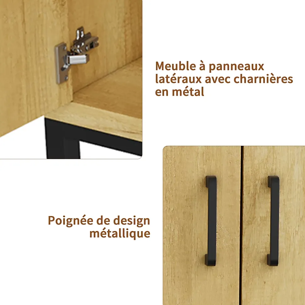 Meuble buffet 4 portes style vintage en bois naturel avec poignées métal noir, 160 x 35 x 80 cm, Couleur bois naturel