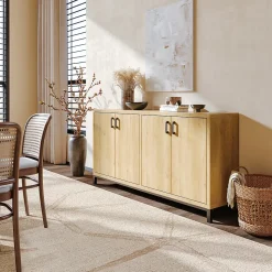 Meuble buffet 4 portes style vintage en bois naturel avec poignées métal noir, 160 x 35 x 80 cm, Couleur bois naturel