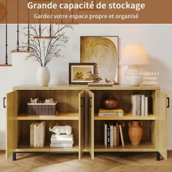 Meuble buffet 4 portes style vintage en bois naturel avec poignées métal noir, 160 x 35 x 80 cm, Couleur bois naturel