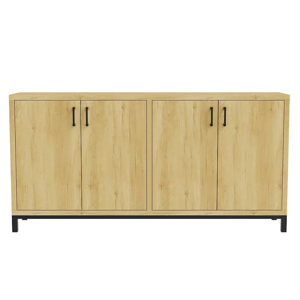 Meuble buffet 4 portes style vintage en bois naturel avec poignées métal noir, 160 x 35 x 80 cm, Couleur bois naturel