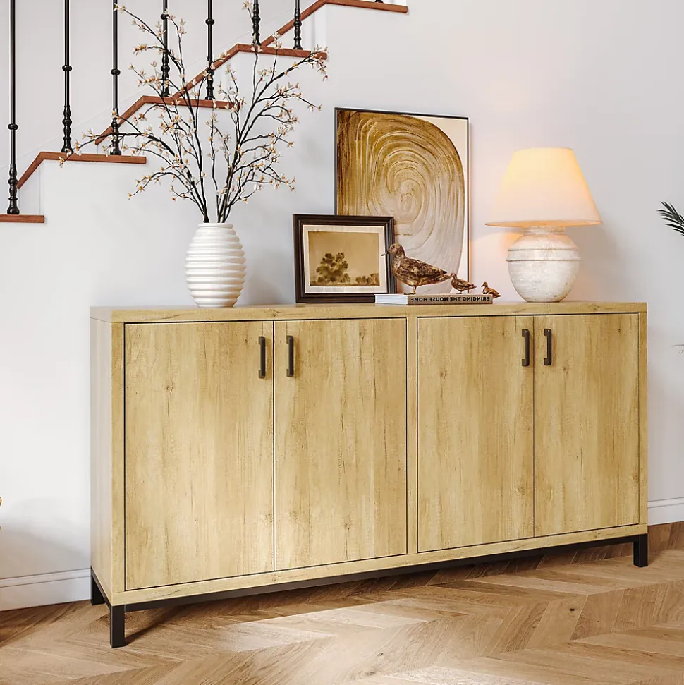 Meuble buffet 4 portes style vintage en bois naturel avec poignées métal noir, 160 x 35 x 80 cm, Couleur bois naturel